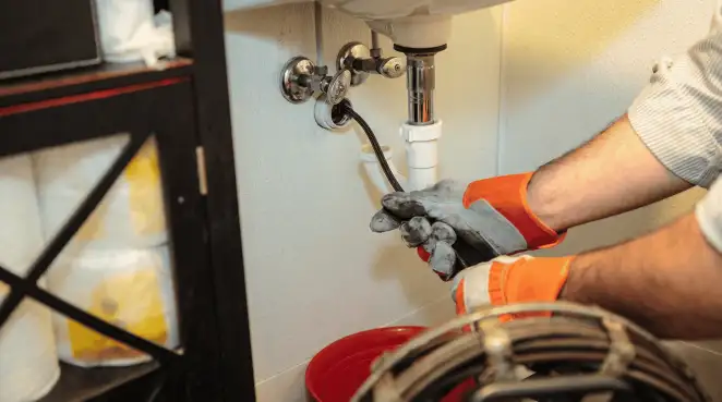 Drain cleaning technician using a motorized plumbing snake to clear a clogged sink pipe in Cedar Rapids, IA